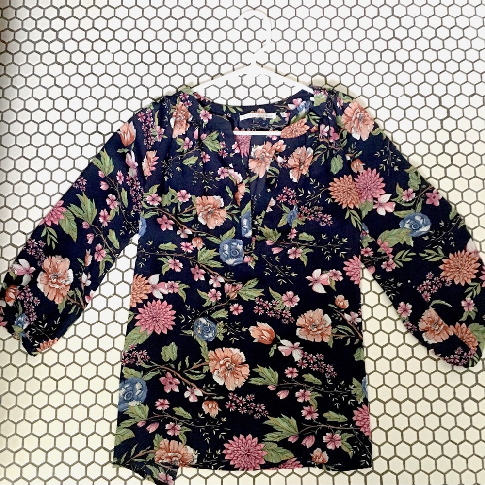 Navy w/ Floral Print Blouse